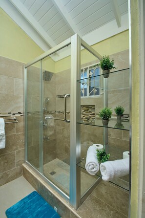 A modern bathroom with a glass-enclosed shower, beige tiles, a glass shelf with plants, and a blue bath mat.