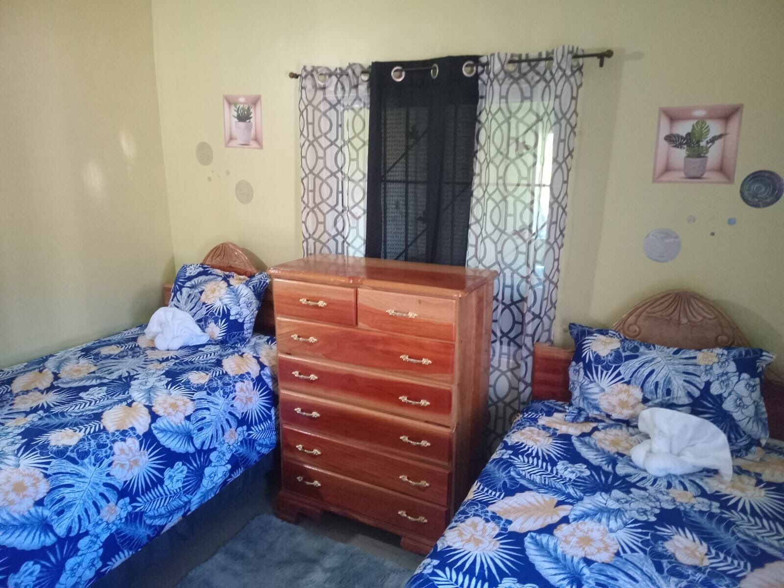 A bedroom with two single beds, a wooden dresser, patterned curtains, and wall decorations including potted plants.