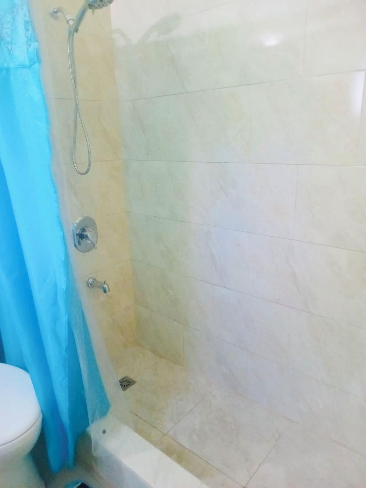 Ein Badezimmer mit Dusche, Toilette und einem blauen Vorhang.