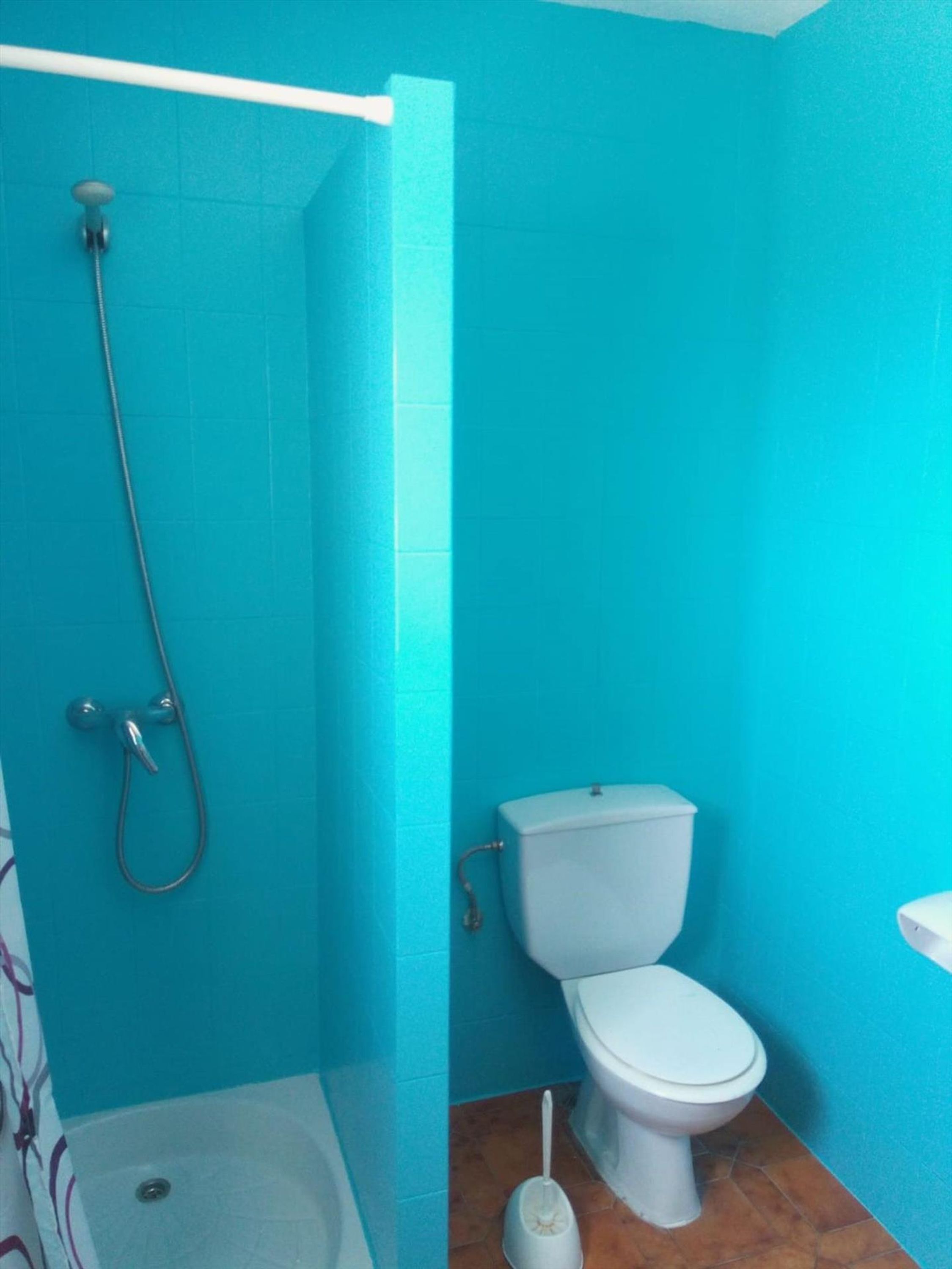 Ein Badezimmer mit blauer Wand, Dusche, Toilette und Waschbecken.
