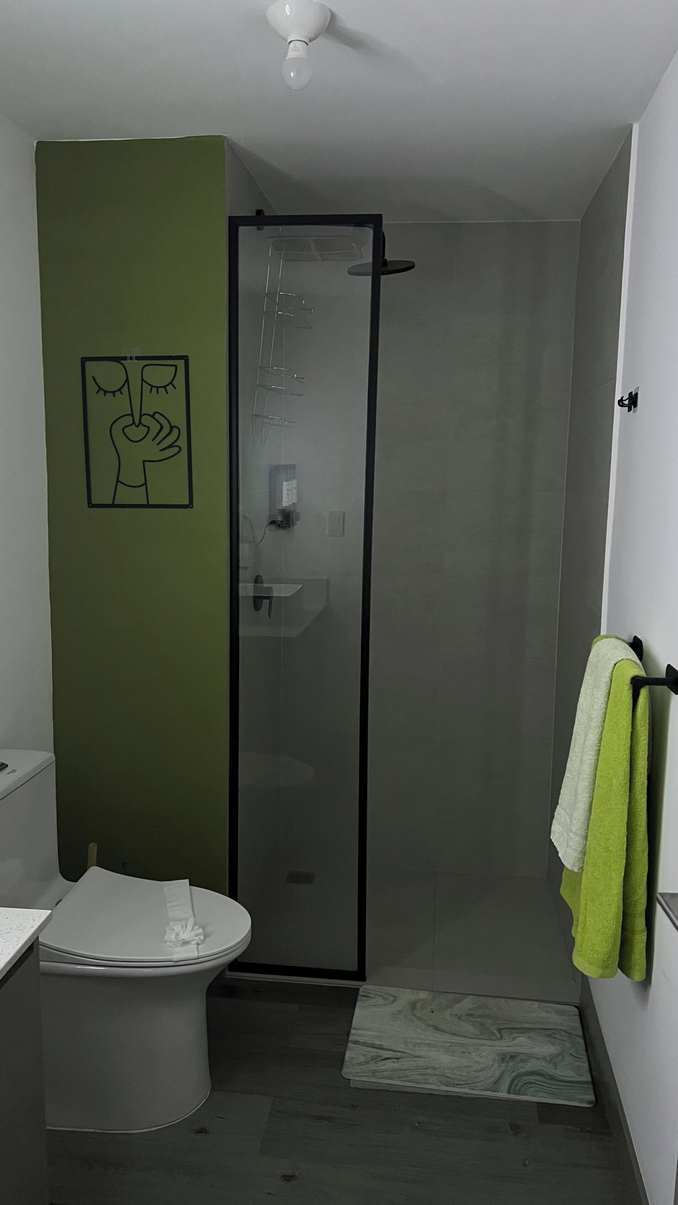 Une salle de bain comprenant des toilettes, un lavabo, une douche avec une porte en verre et un porte-serviettes avec une serviette verte.