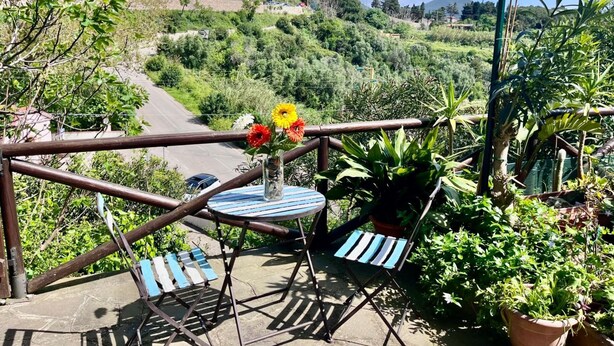 An outdoor seating area with a table and chairs, surrounded by potted plants and a view of a hillside with buildings. - Casa Ariel in the historic village. (Rio dell'Elba)