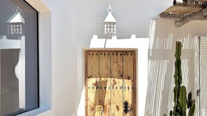Una puerta de madera con cerrojos metálicos, una ventana con marco blanco y una planta de cactus en maceta.