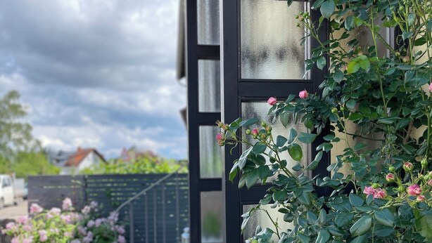Een modern gebouw met een zwarte gevel en grote ramen.