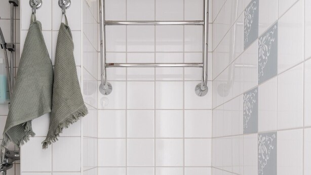 Een badkamer met een wit toilet, een handdoekhouder met twee handdoeken en een douchekop.