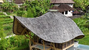 Una cabaña con techo de paja, piscina y jardín.
