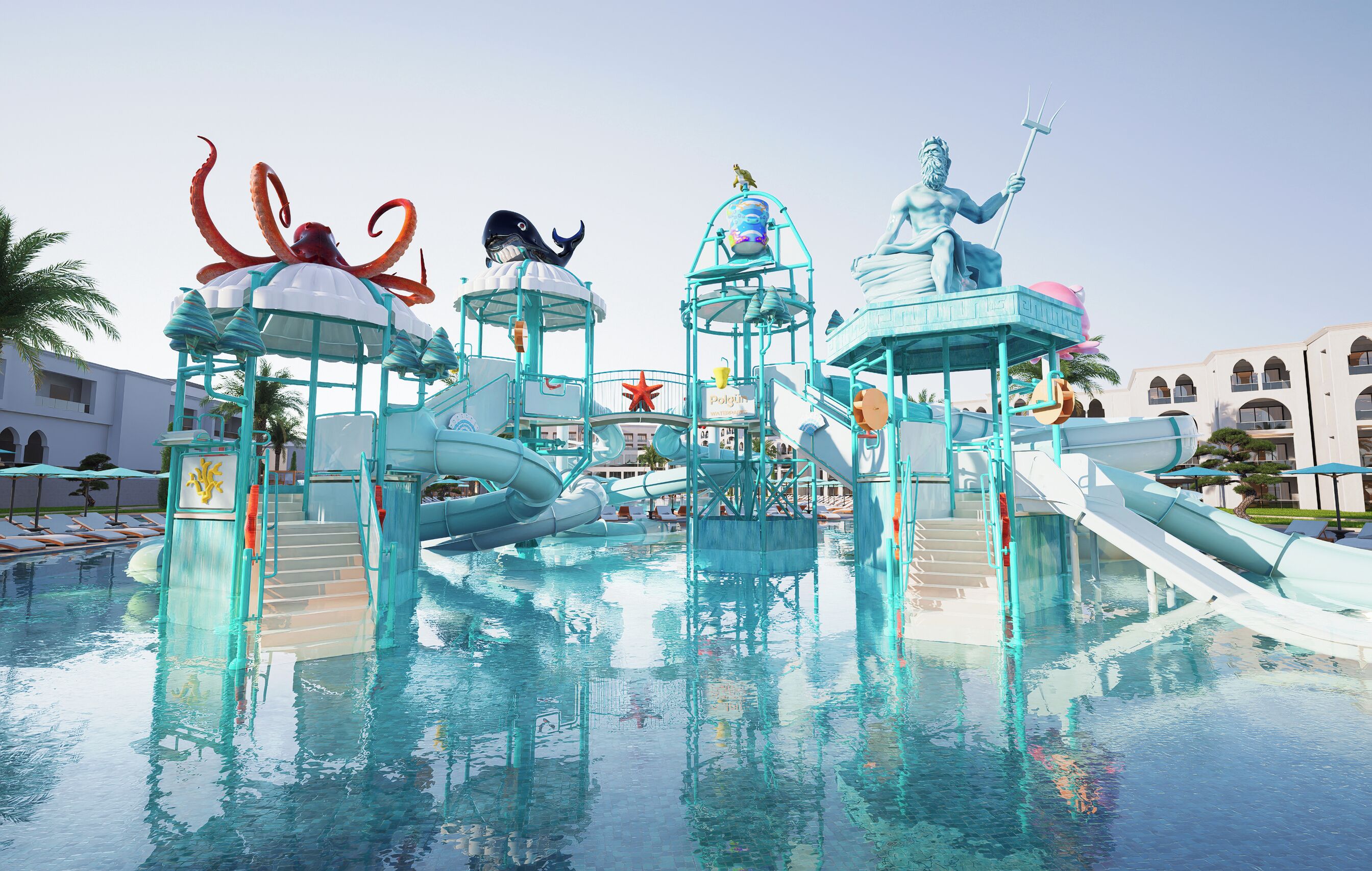 A water park with slides and a statue of a mermaid.