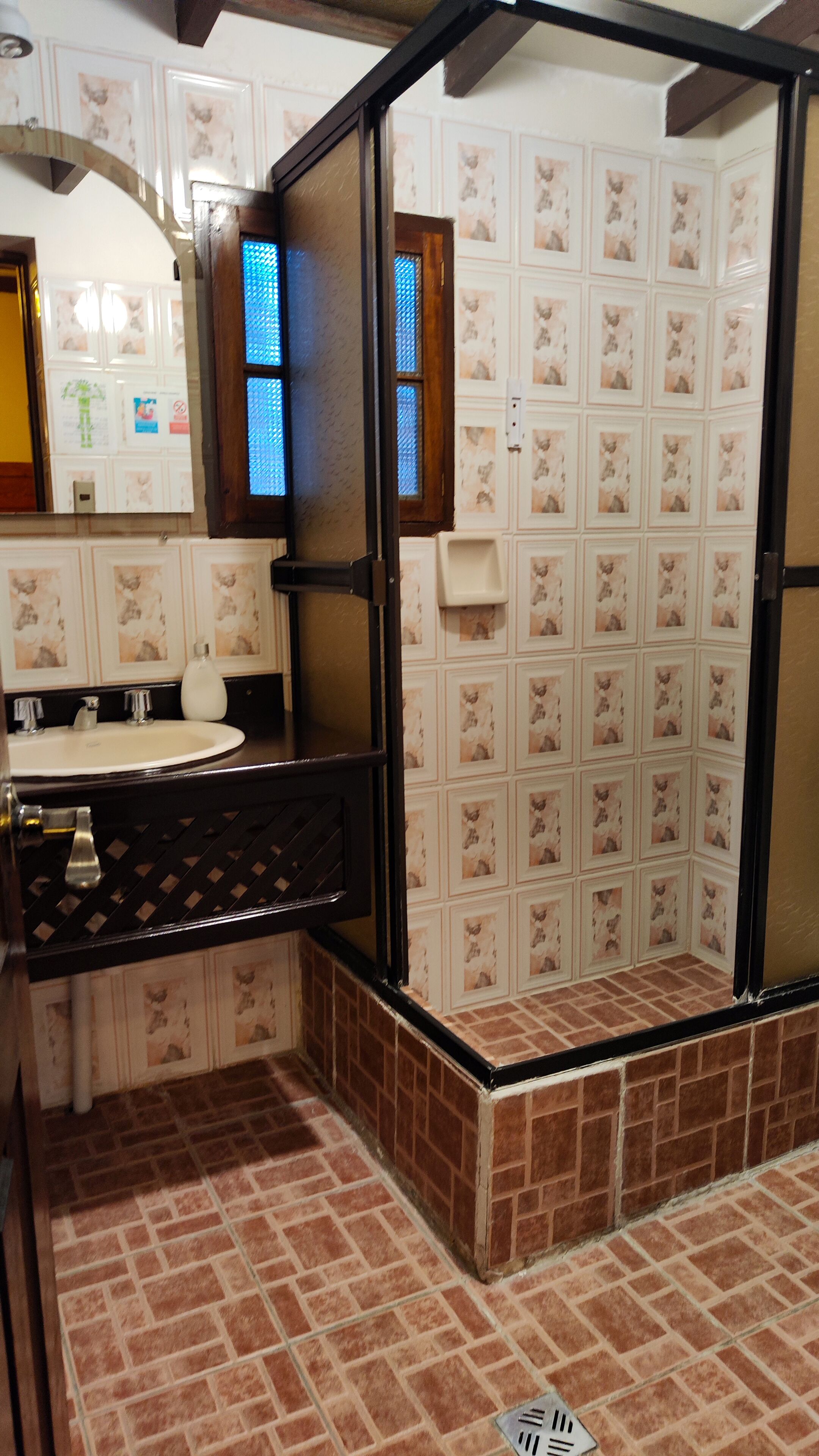 A bathroom with a sink, mirror, and shower area.