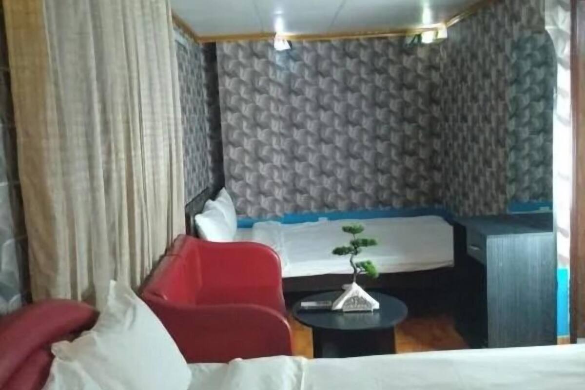A hotel room with a bed, a red armchair, a small table with a plant, and a sofa.