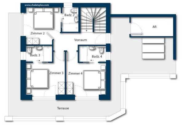 Un plan d’étage comprenant quatre chambres (ch. 2, 3, 4), deux salles de bain, un espace de vie (hall d’entrée) et une terrasse.