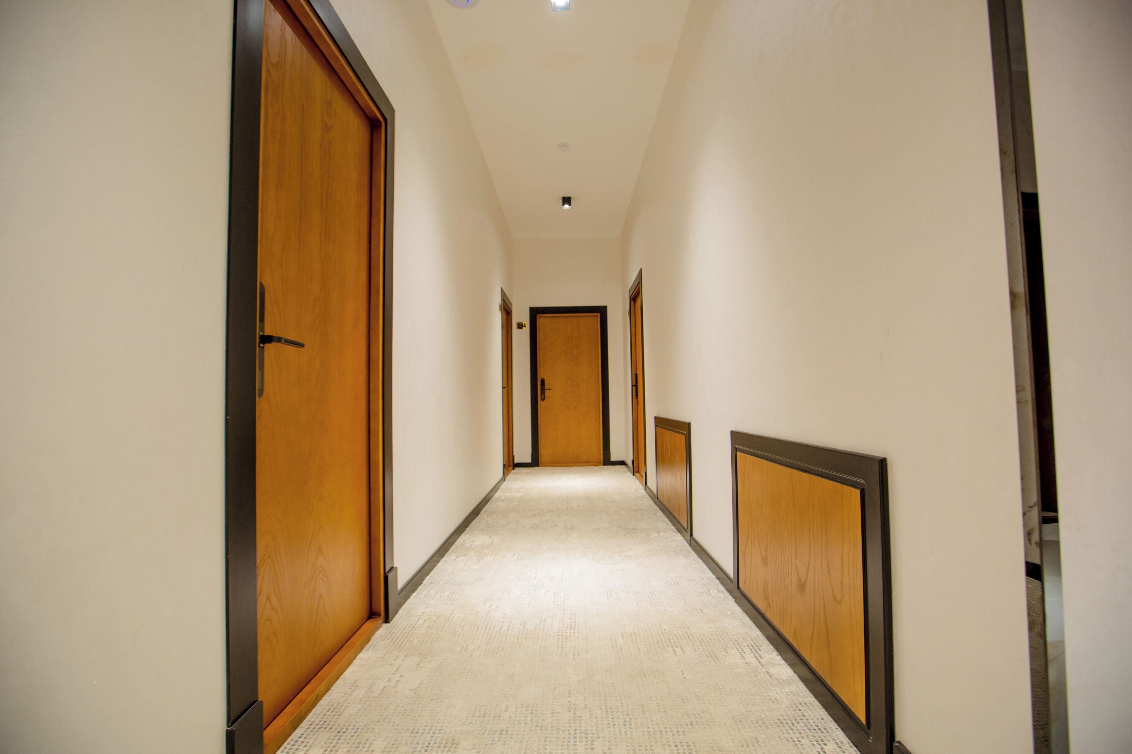 Un pasillo largo y estrecho con puertas de madera a ambos lados y suelo alfombrado.