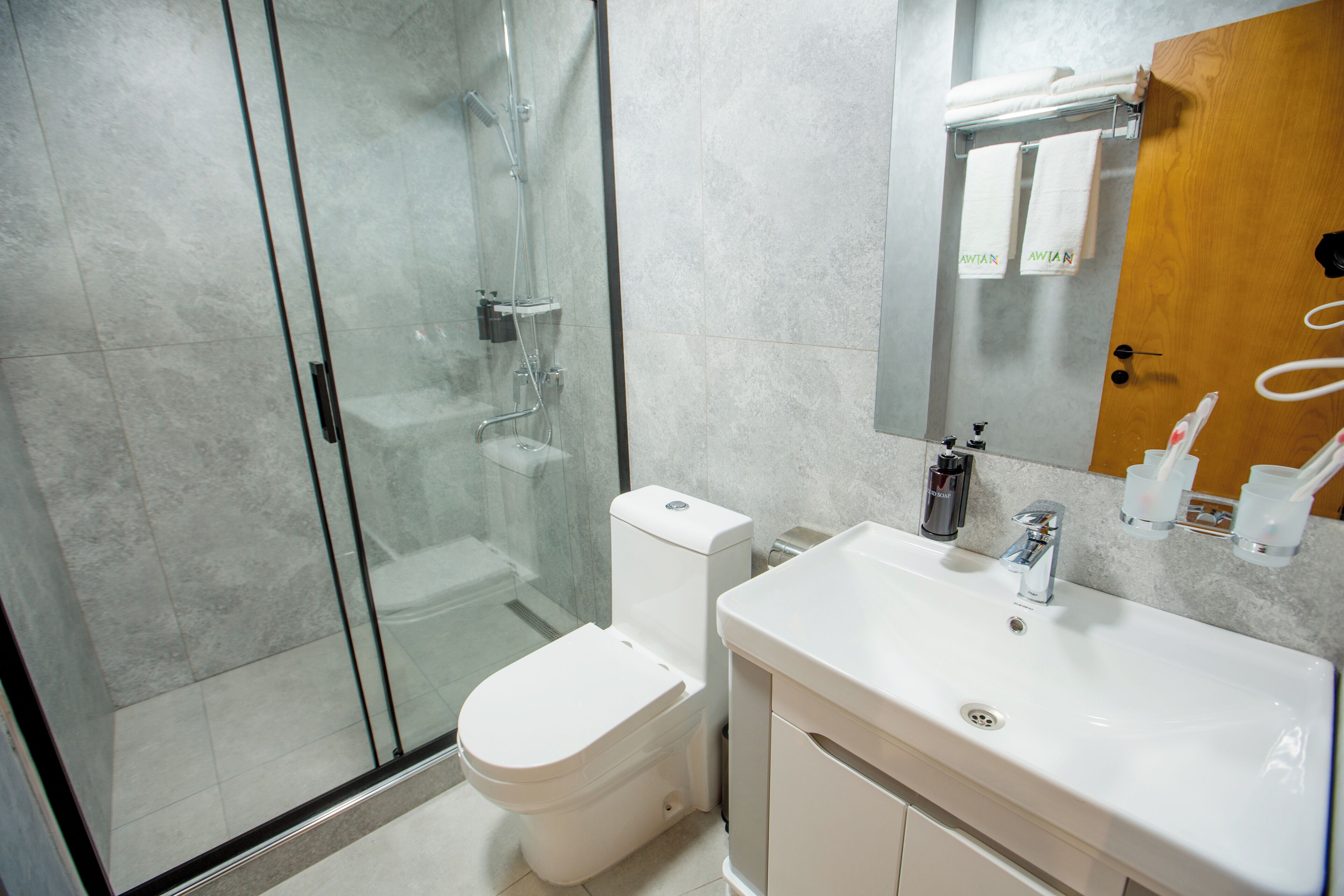 A modern bathroom with a glass-enclosed shower, a white toilet, and a sink with a mirror above it.
