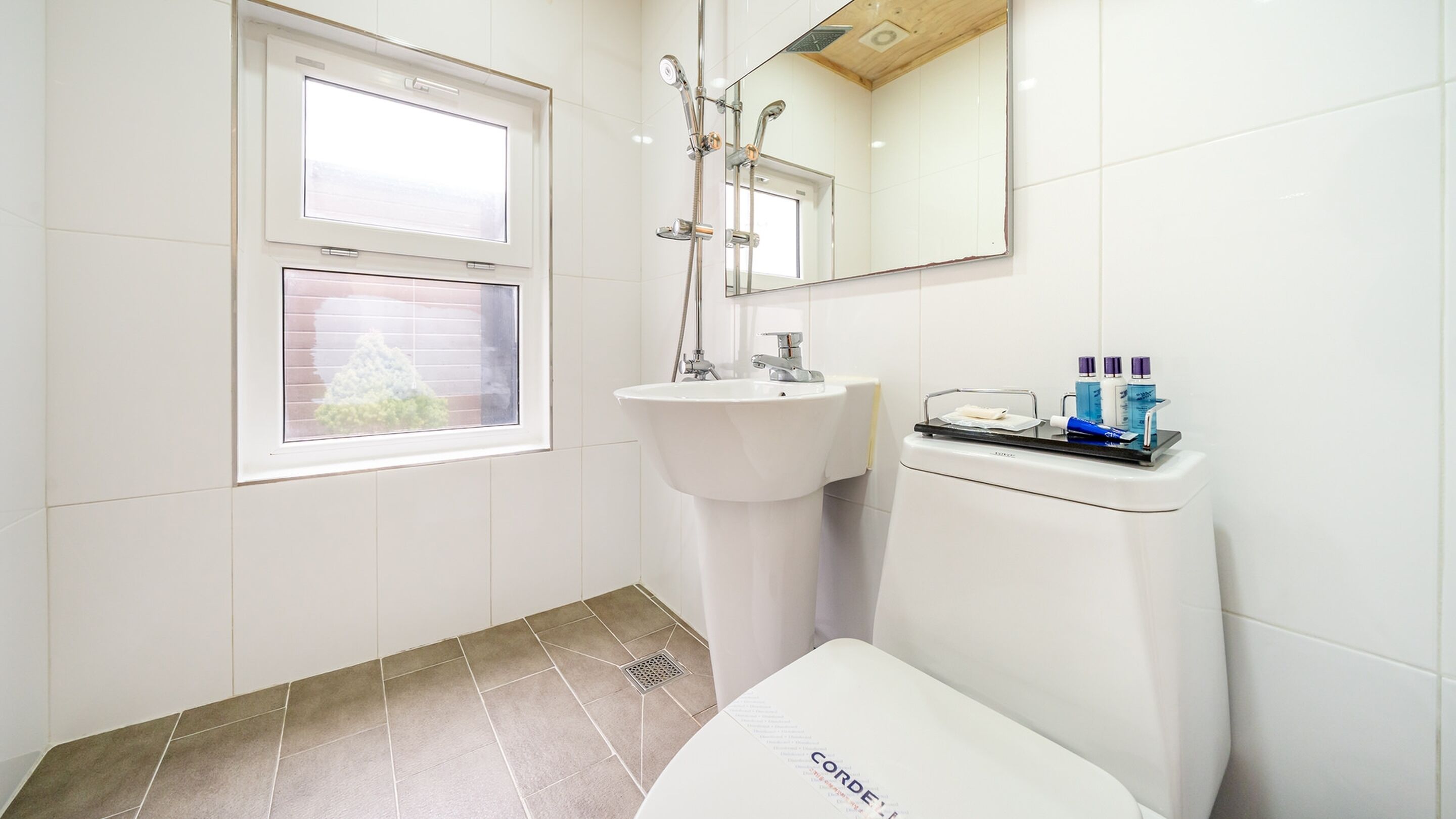 A bathroom with a white sink, a mirror, a window, and a toilet.