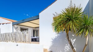 A modern house with a patio, a wooden fence, and a palm tree.