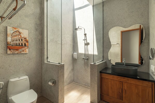 Une salle de bain avec une douche à part, un lavabo avec un miroir et des toilettes.
