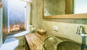 Un bany amb vàter, rentapel, mirall i zona de dutxa.
