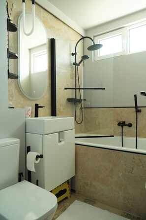 Hair dryer, towels, soap, toilet paper