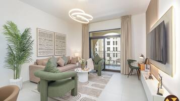 Luxury Apartment, Balcony, Pool View | Living area