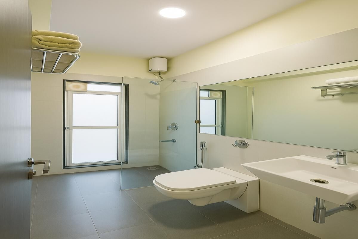 Un baño moderno con inodoro, lavabo y ducha.