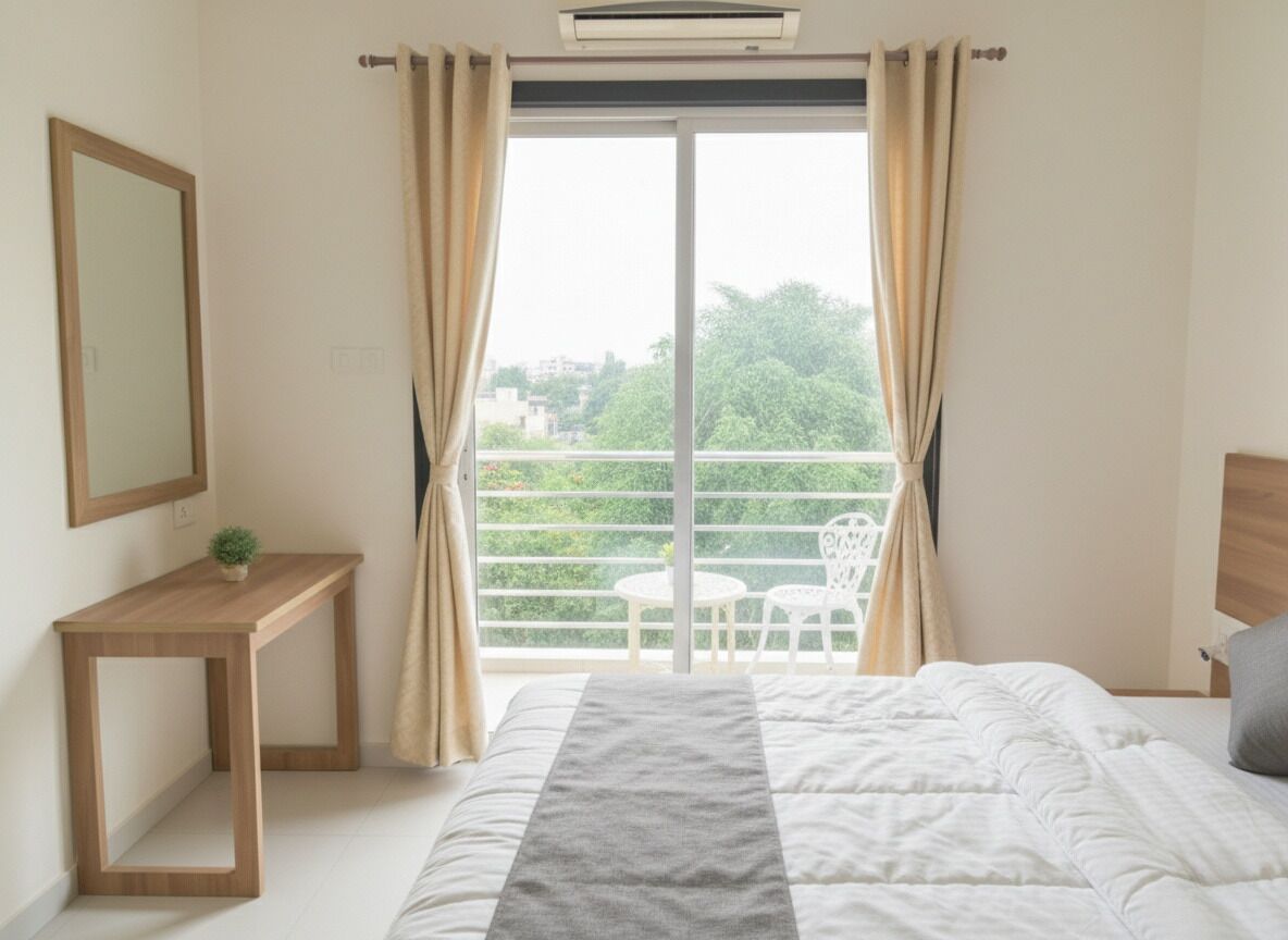 Un dormitorio con cama, una mesita de noche con planta, una ventana con cortinas y vistas a un balcón con vegetación.