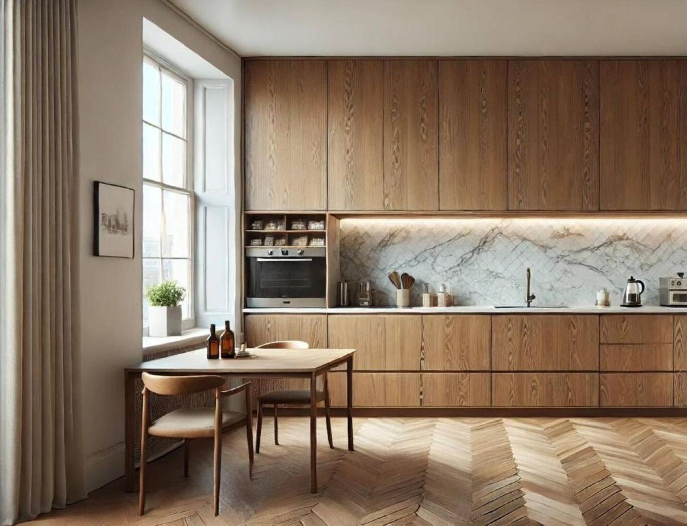 A modern kitchen with wooden cabinets, a marble backsplash, and a herringbone-patterned floor.