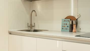 Una cocina con un lavamanos de acero inoxidable, un horno empotrado y un estante para especias.