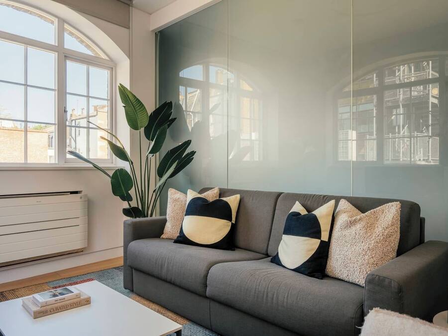A living room with a grey sofa, a large plant, and a window with a view of buildings.