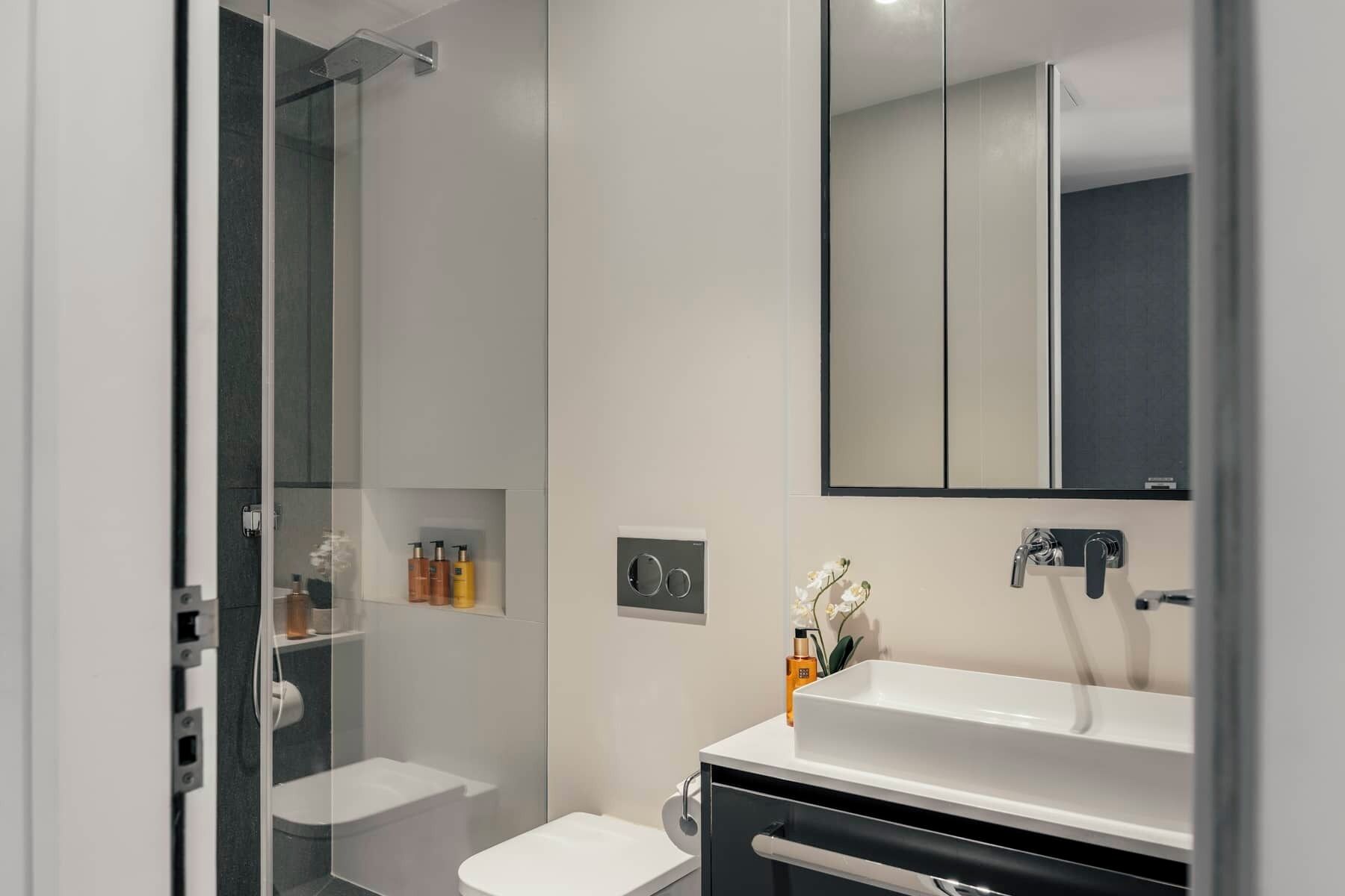 A modern bathroom with a glass shower enclosure, a white sink, and a large mirror.