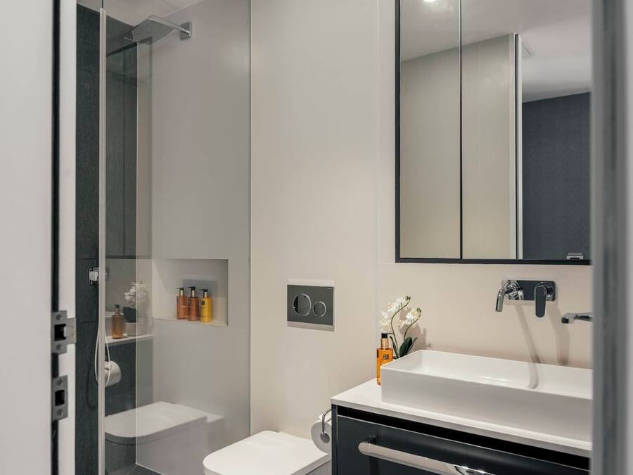 A modern bathroom with a glass shower enclosure, a white sink, and a large mirror.