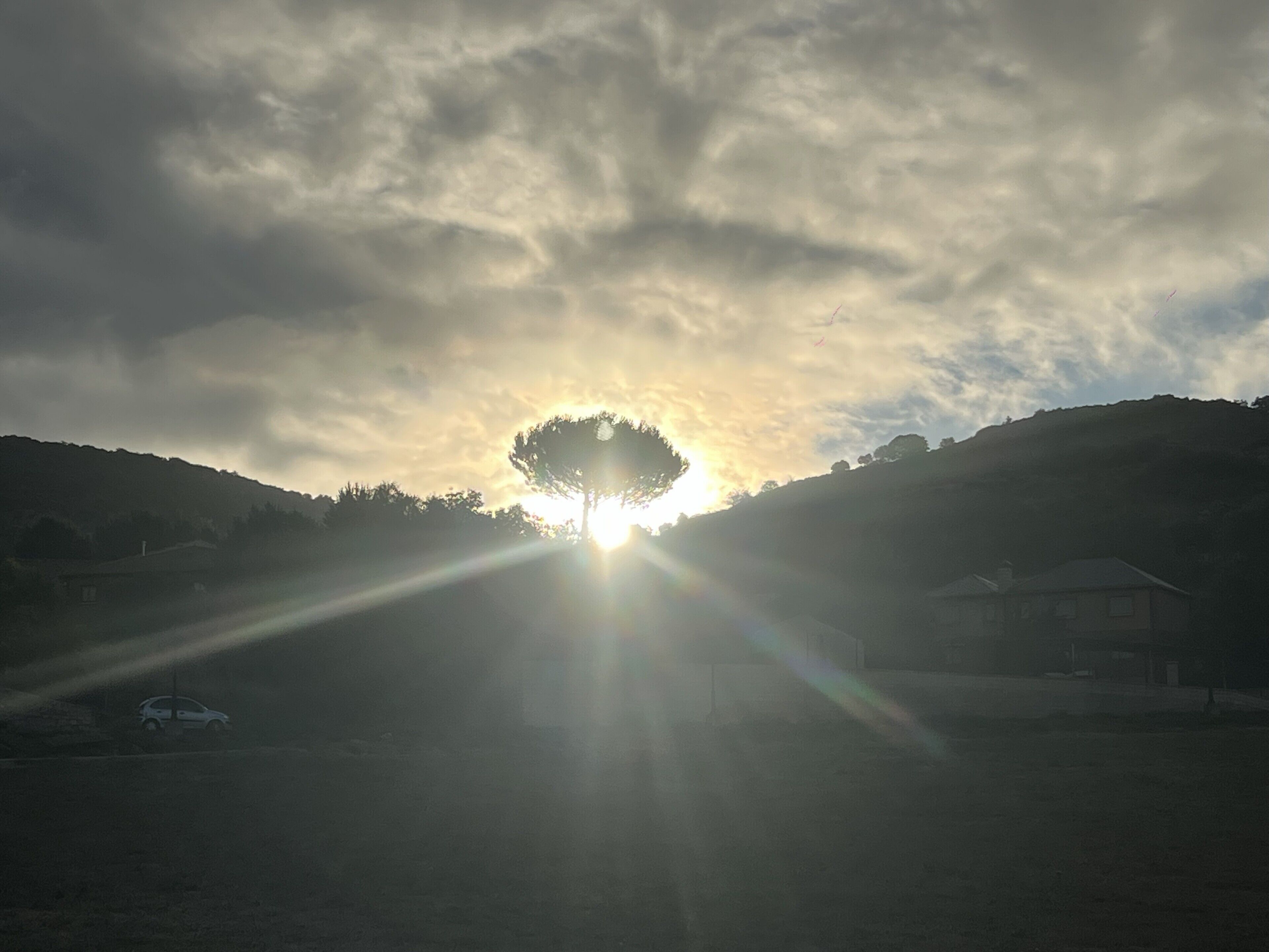 Un paysage avec un arbre se détachant sur un ciel nuageux, la lumière du soleil filtrant à travers les nuages.