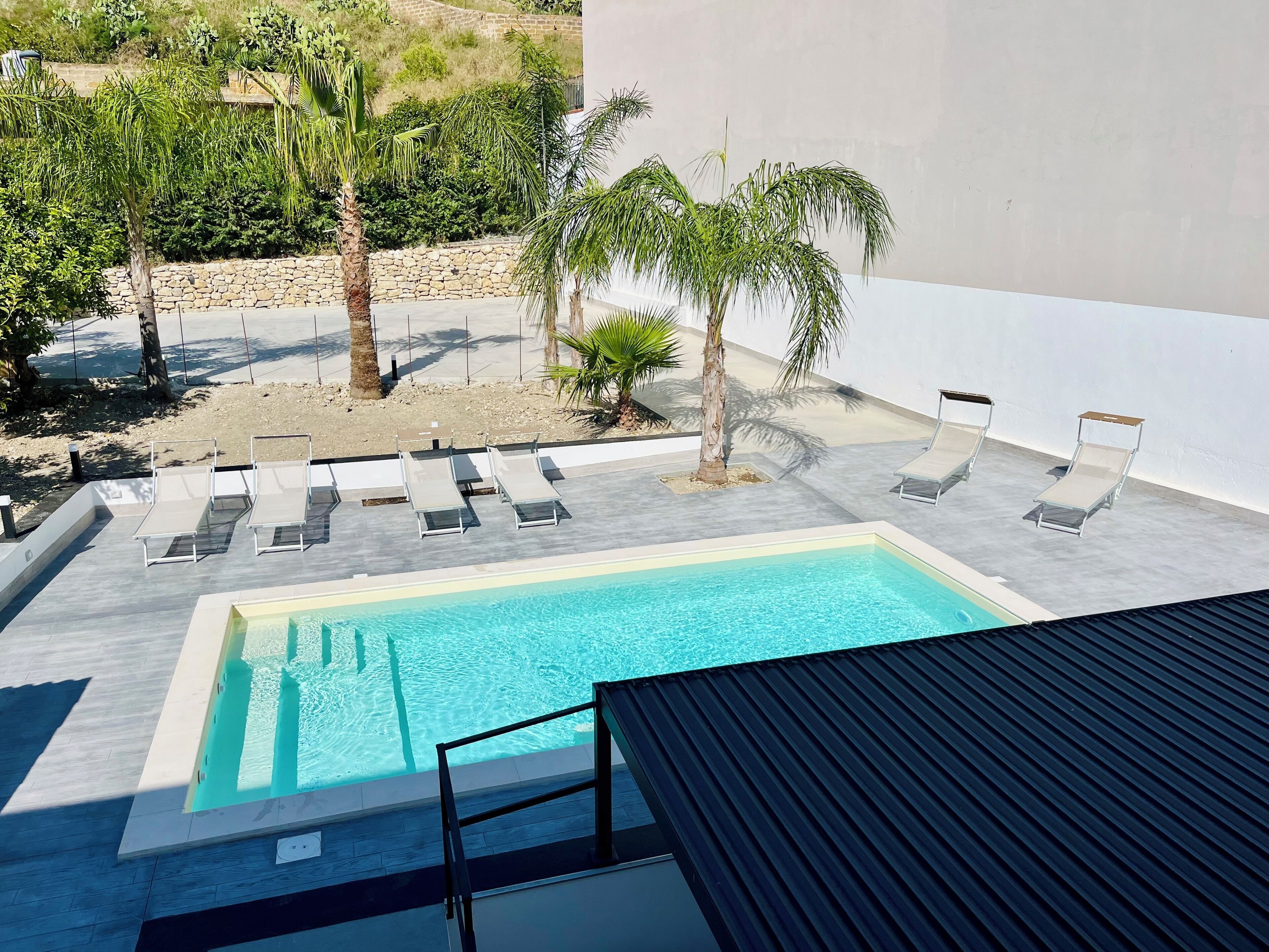 A rooftop pool with a clear blue water surface, surrounded by lounge chairs and palm trees.