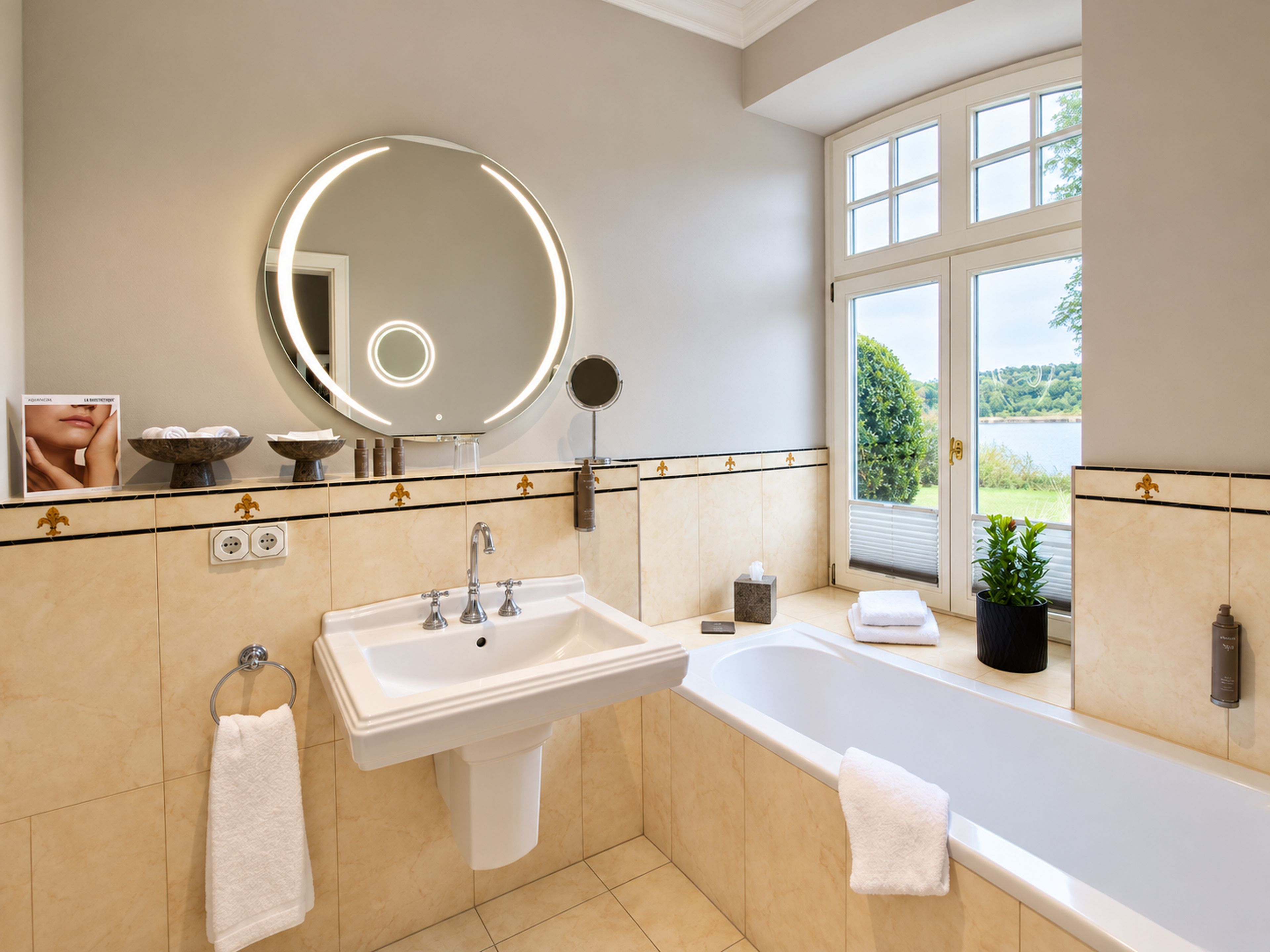 A bathroom with a sink, mirror, and bathtub. There is a window with a view of greenery outside.