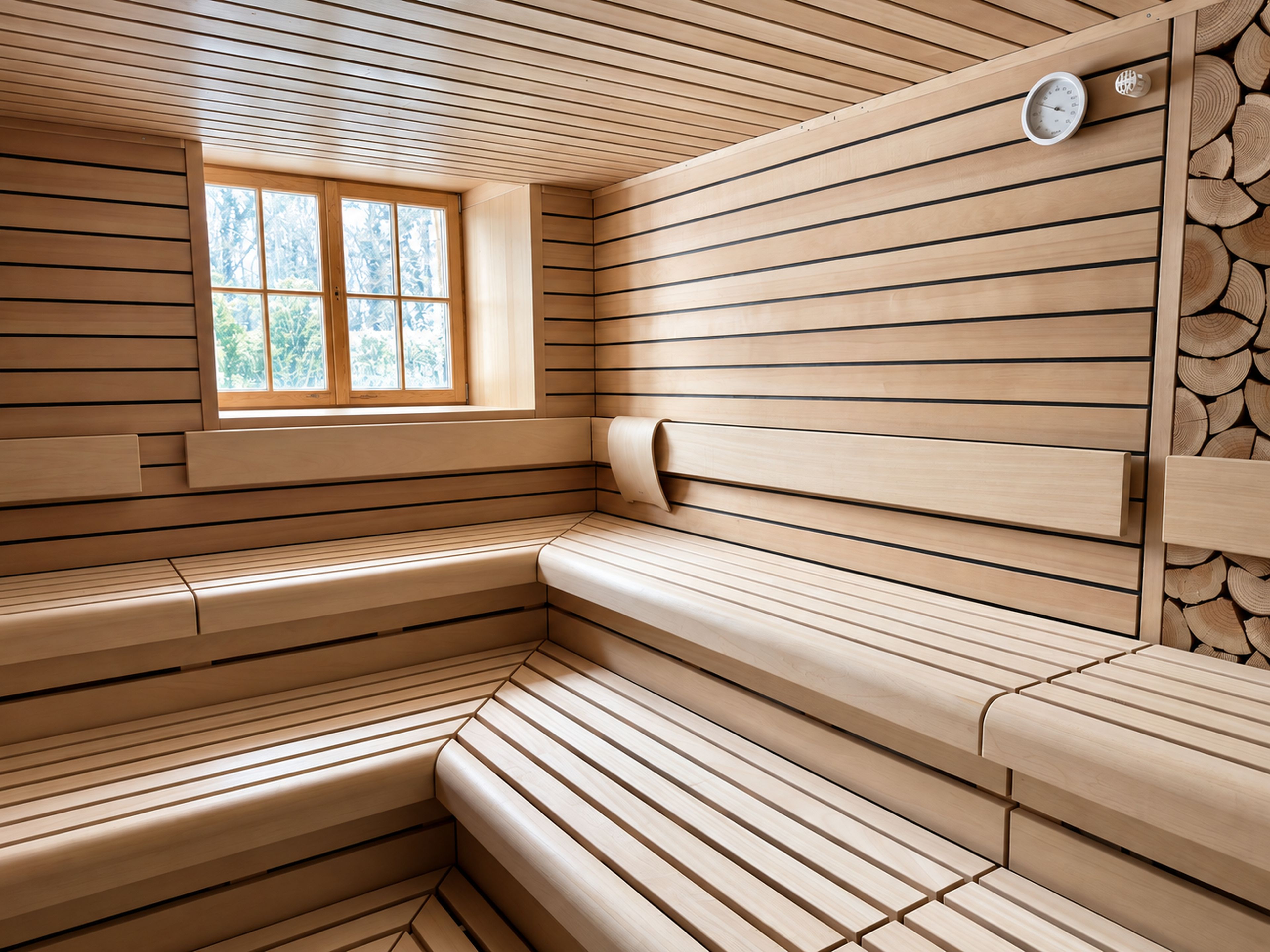 A sauna with wooden benches and a window.