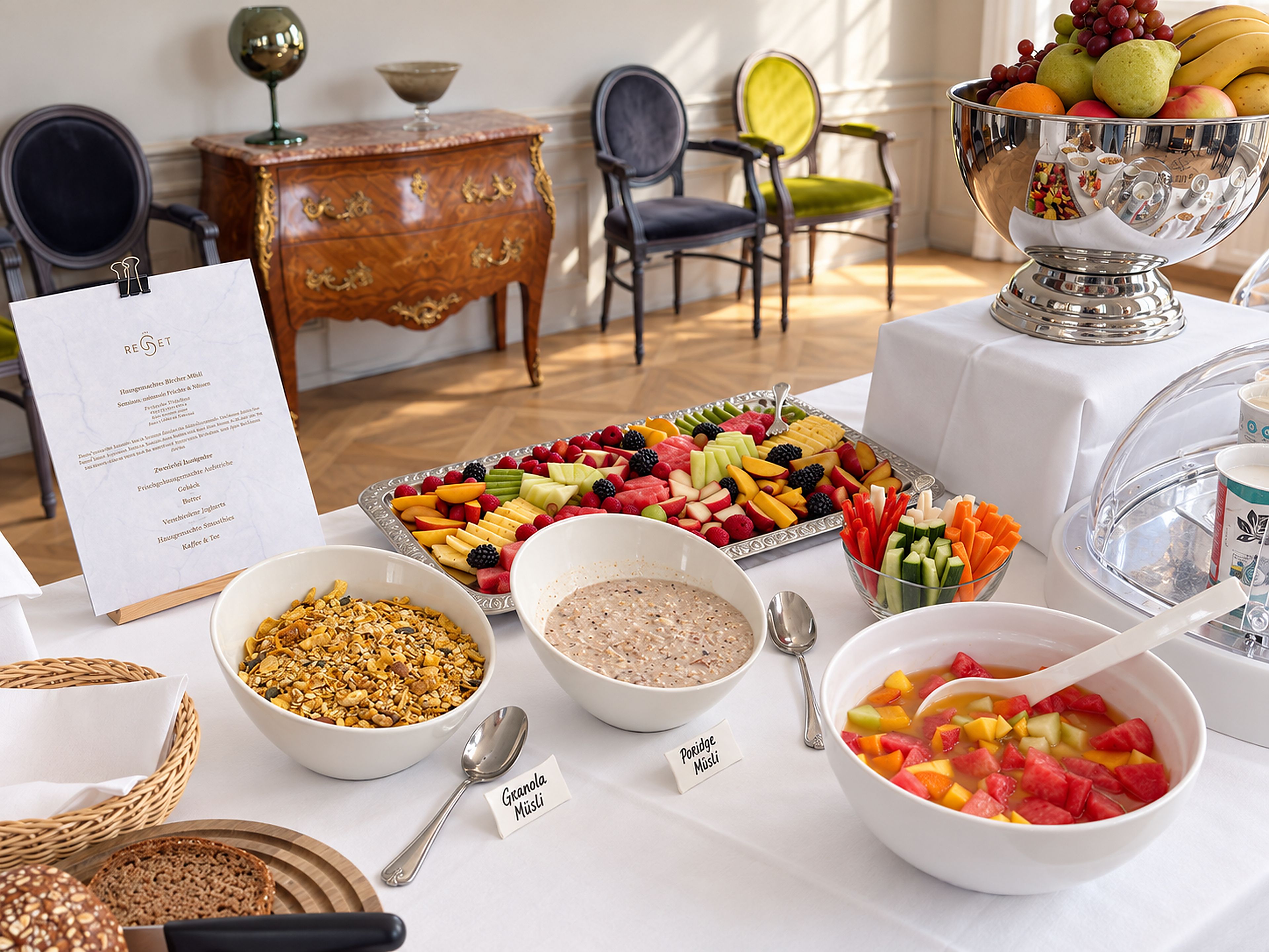 Una mesa de buffet con diferentes opciones de comida, como frutas, verduras y platos como gachas y granola.