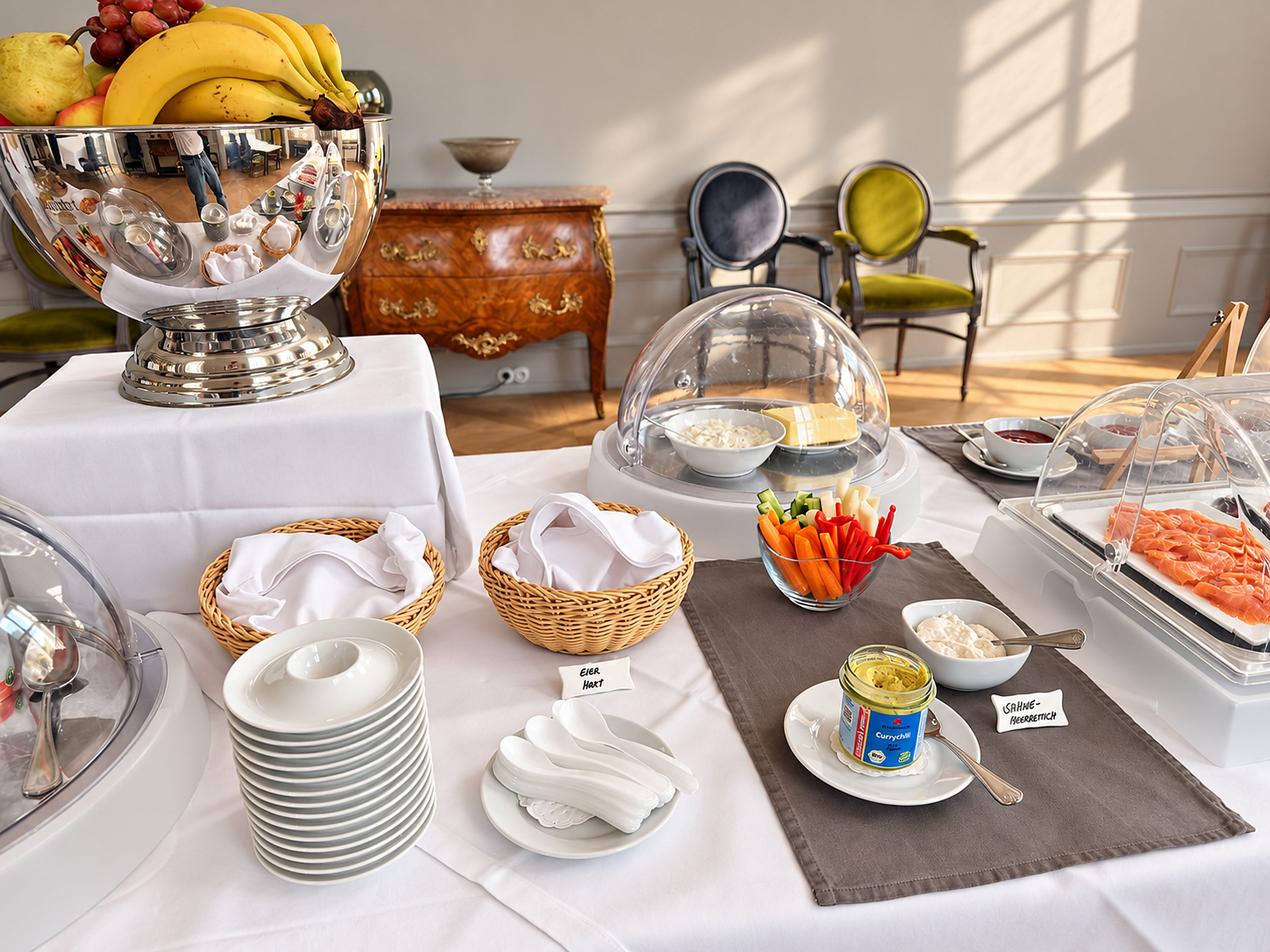 A buffet setup with various food items, including a bowl of carrots, a container of curry, and a dish of salmon.
