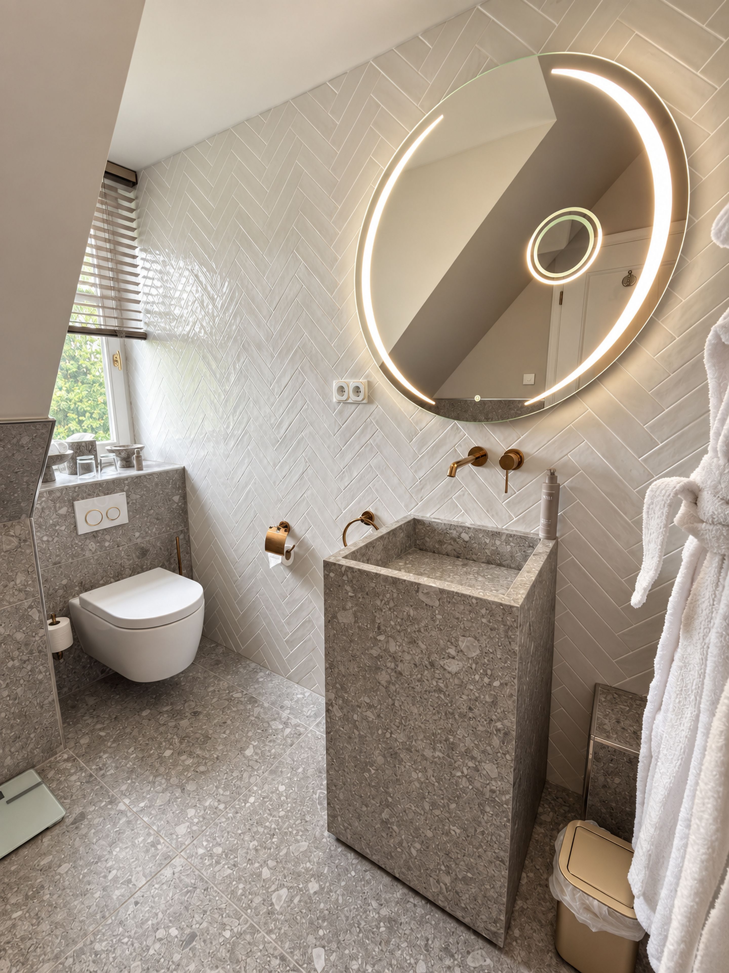 A modern bathroom with a herringbone tile backsplash, a freestanding sink, a toilet, and a mirror with a circular light.