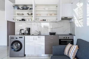 Estúdio, 1 cama de casal e sofá-cama, cozinha, vista para a cidade | Cozinha privada | Geladeira grande, micro-ondas, fogão, cooktop