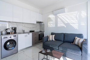 Estúdio, 1 cama de casal e sofá-cama, cozinha, vista para a cidade | Cozinha privada | Geladeira grande, micro-ondas, fogão, cooktop
