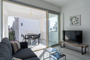 Studio, 1 Double Bed with Sofa bed, Kitchen, City View | Living area | 46-inch Smart TV with digital channels, streaming services - Rosemont Studio With Balcony in Larnaca (Larnaca)