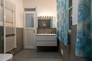 Shower, hair dryer, bidet, towels