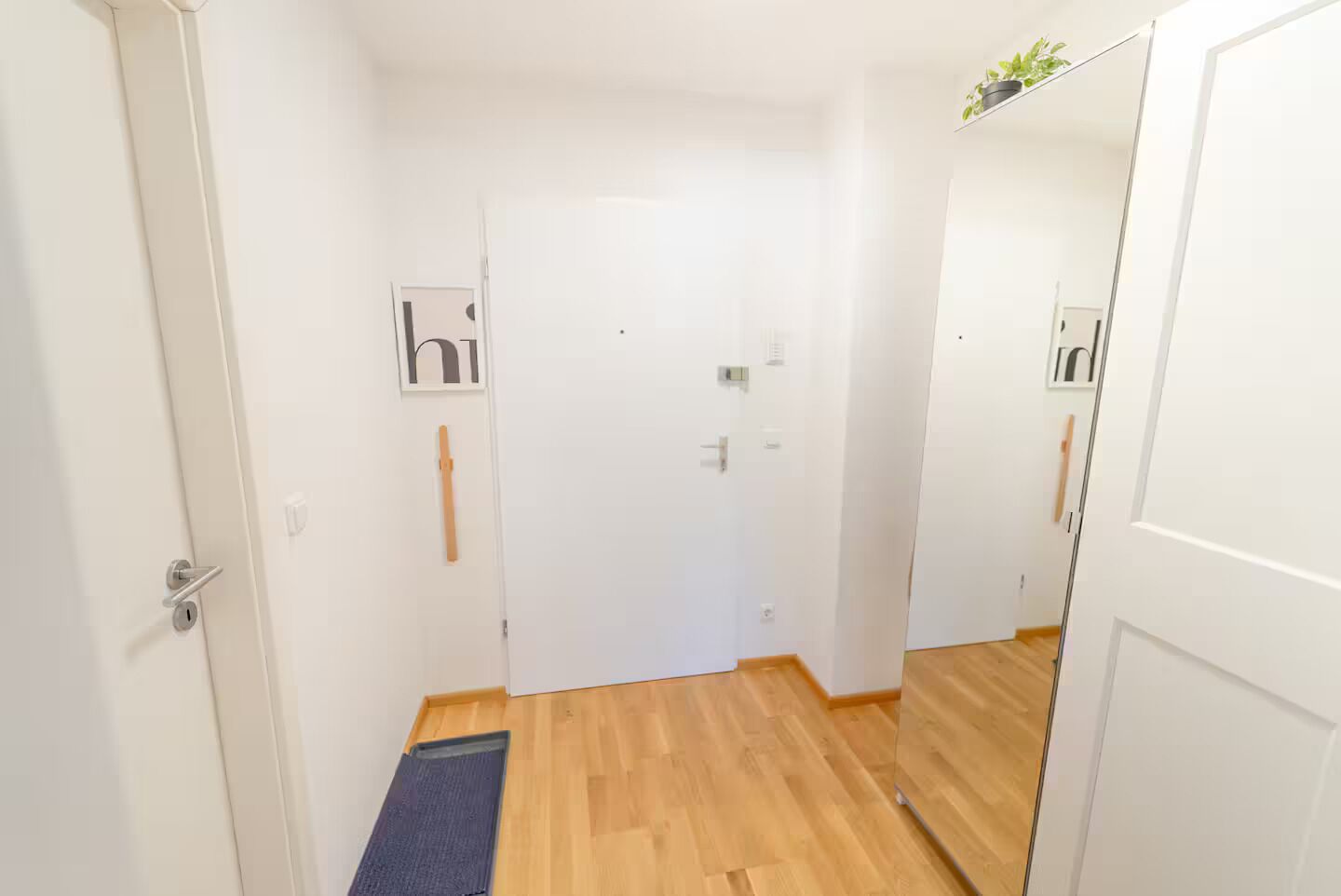 Kapea käytävä, jonka seinät ovat valkoiset, lattia puuta ja ovessa on ote.