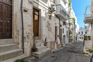 Una calle estrecha con edificios de arquitectura tradicional, incluyendo puertas de madera y balcones con plantas.