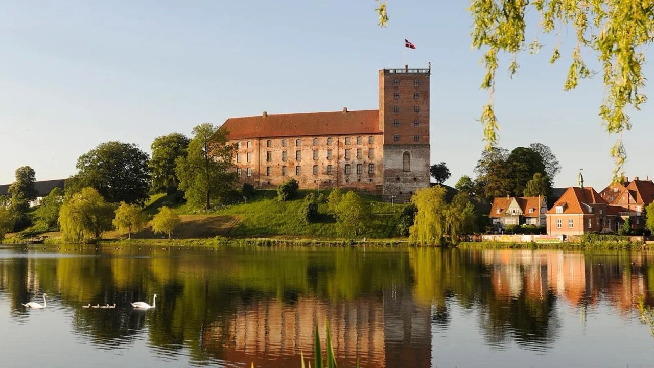 A historic building with a tower, situated beside a calm lake with swans, surrounded by lush greenery and traditional architecture.