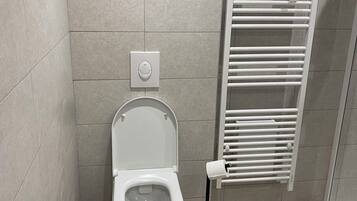 A modern bathroom with a toilet, a wall-mounted flush button, a toilet paper holder, and a white towel rack.