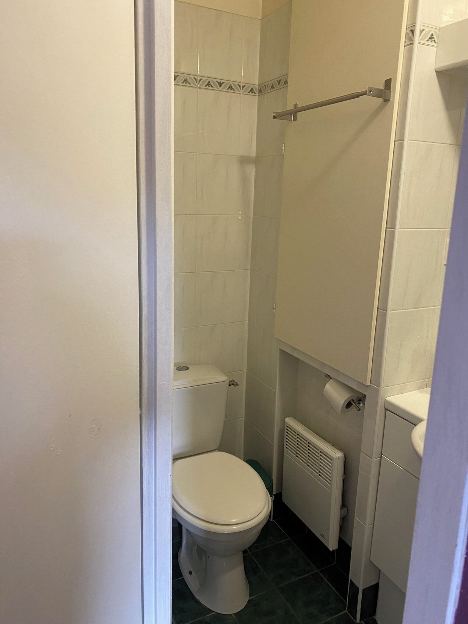 Une petite salle de bain compacte, équipée de toilettes, d’une douche et d’un radiateur.