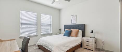 1 bedroom, desk, iron/ironing board, travel cot