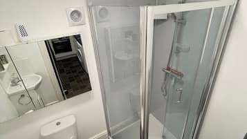 Shower, hair dryer, towels, toilet paper