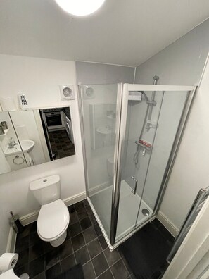A modern bathroom with a glass-enclosed shower, a toilet, and a sink.