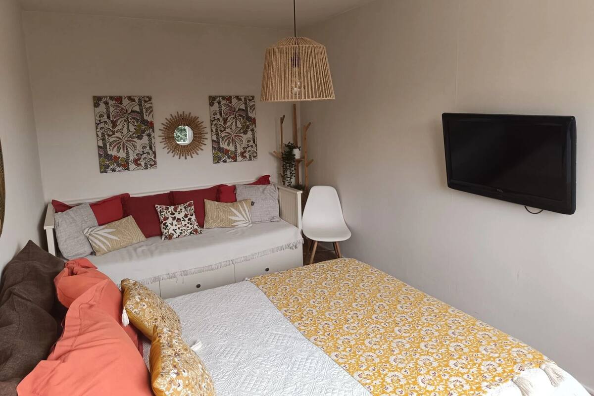 Ein Schlafzimmer mit Bett, Sofa, Fernseher und Wanddekoration.