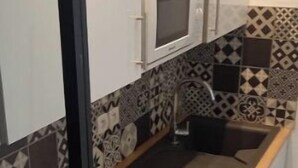 A compact kitchen with a microwave, sink, and washing machine. - Charming t2 with loggia, beautiful sea view + parking lot (Saint Pierre La Mer)